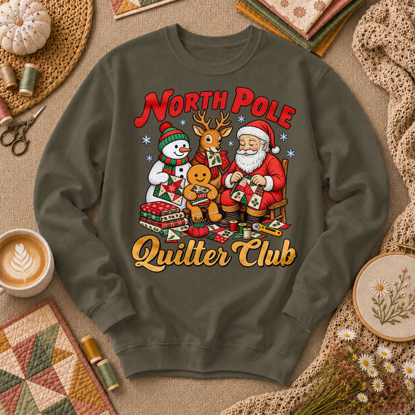 North Pole Quilter Club Santa Reindeer Snowman Long Sleeve - Military Green