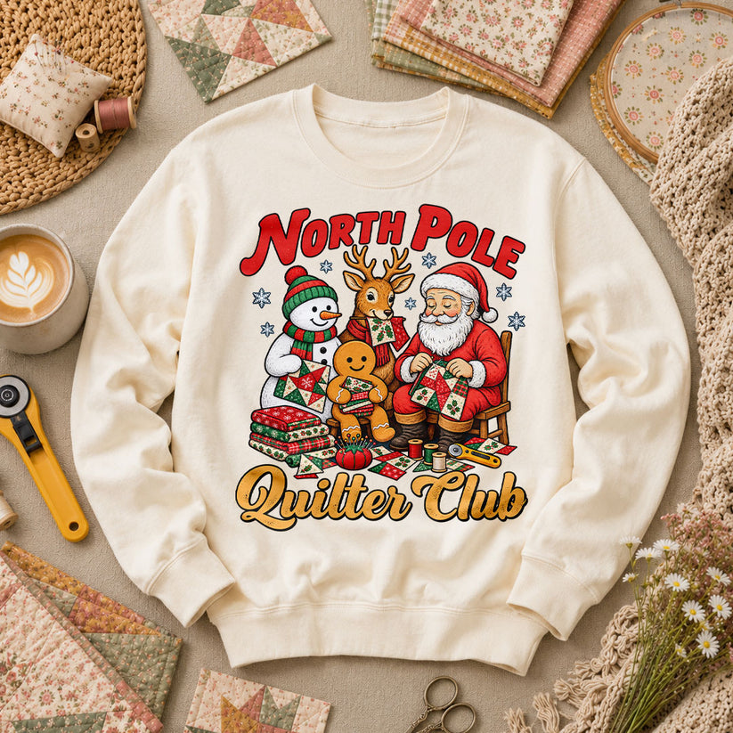 North Pole Quilter Club Santa Reindeer Snowman Long Sleeve - Natural