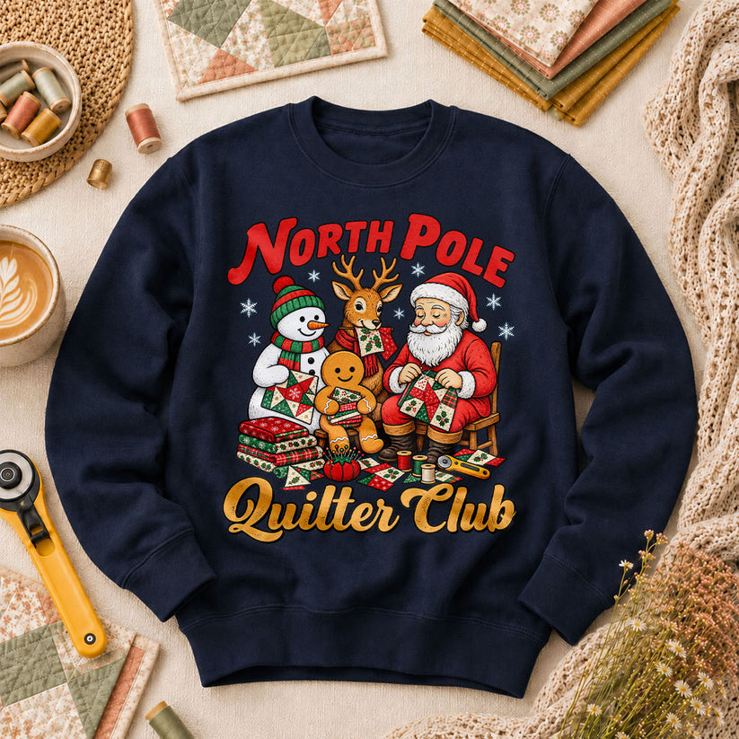 North Pole Quilter Club Santa Reindeer Snowman Long Sleeve - Navy
