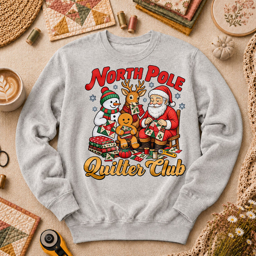 North Pole Quilter Club Santa Reindeer Snowman Long Sleeve - Sport Grey