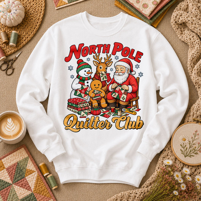 North Pole Quilter Club Santa Reindeer Snowman Long Sleeve - White