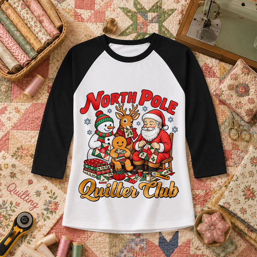 North Pole Quilter Club Santa Reindeer Snowman Raglan Sleeve - Black