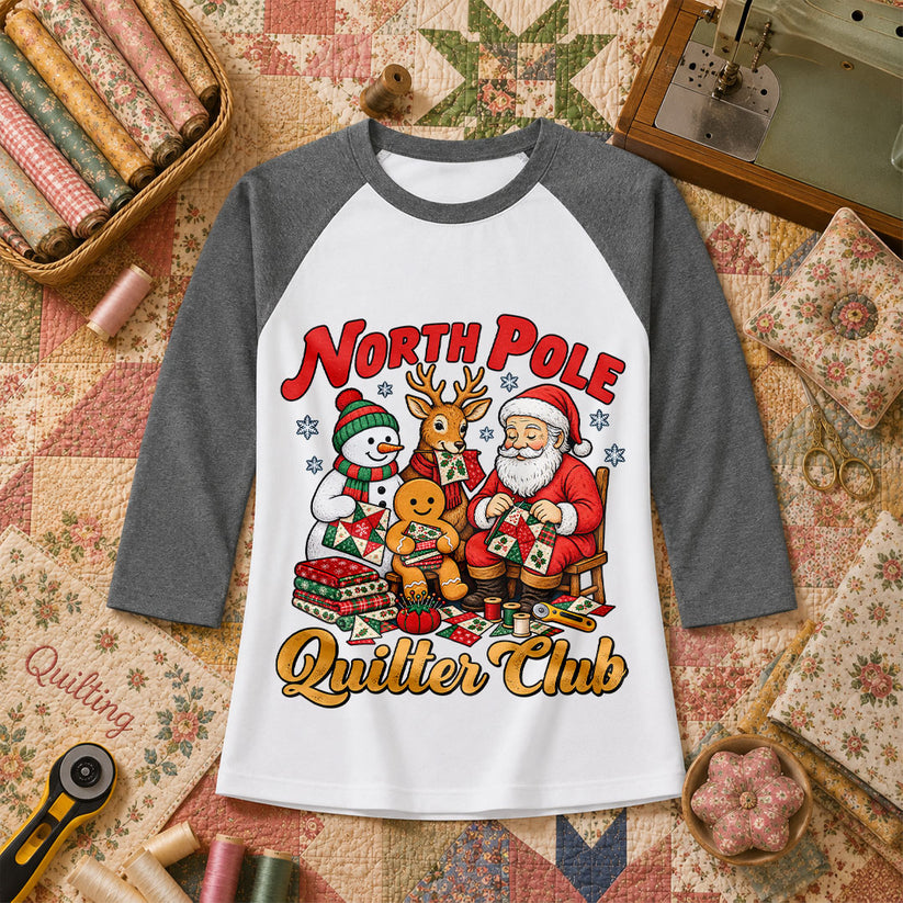 North Pole Quilter Club Santa Reindeer Snowman Raglan Sleeve - Deep Heather