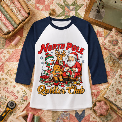 North Pole Quilter Club Santa Reindeer Snowman Raglan Sleeve - Navy