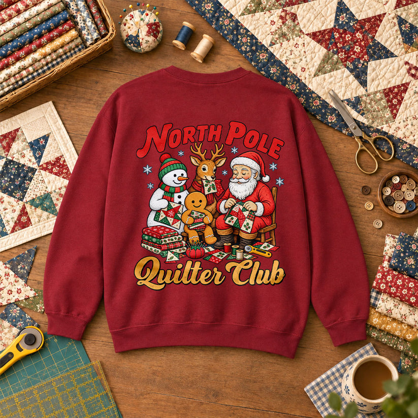 North Pole Quilter Club Santa Reindeer Snowman Sweatshirt - Garnet
