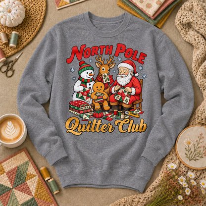 North Pole Quilter Club Santa Reindeer Snowman Sweatshirt - Graphite Heather