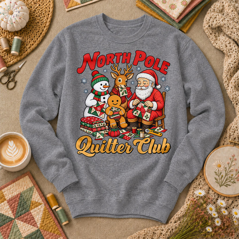 North Pole Quilter Club Santa Reindeer Snowman Sweatshirt - Graphite Heather