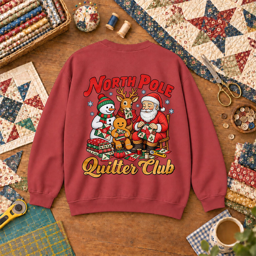 North Pole Quilter Club Santa Reindeer Snowman Sweatshirt - Heather Red