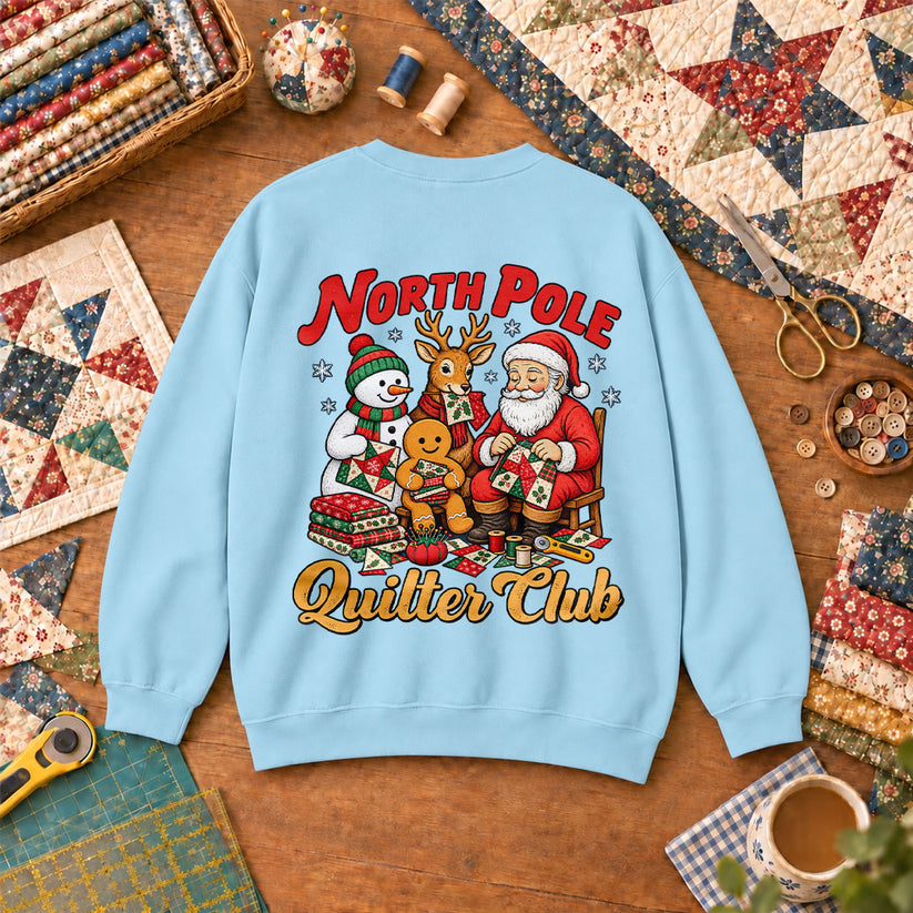 North Pole Quilter Club Santa Reindeer Snowman Sweatshirt - Light Blue