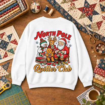 North Pole Quilter Club Santa Reindeer Snowman Sweatshirt - White