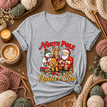 North Pole Quilter Club Santa Reindeer Snowman Women's V-Neck - Athletic Heather