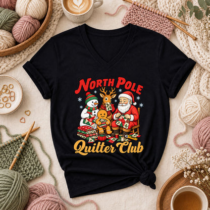 North Pole Quilter Club Santa Reindeer Snowman Women's V-Neck - Black