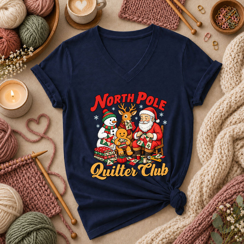 North Pole Quilter Club Santa Reindeer Snowman Women's V-Neck - Navy