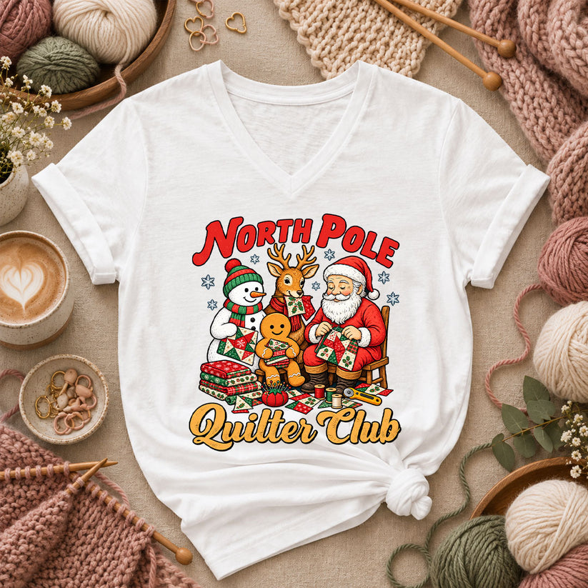 North Pole Quilter Club Santa Reindeer Snowman Women's V-Neck - White