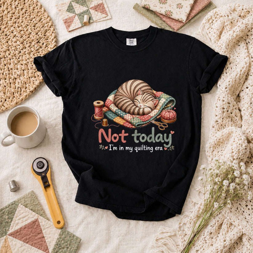 Not Today Im In My Quilting Era Sleeping Cat T-Shirt - Black