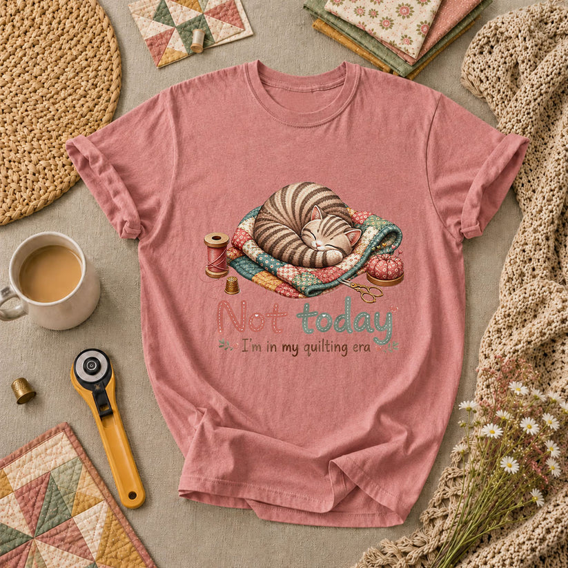 Not Today Im In My Quilting Era Sleeping Cat T-Shirt - Heather Mauve