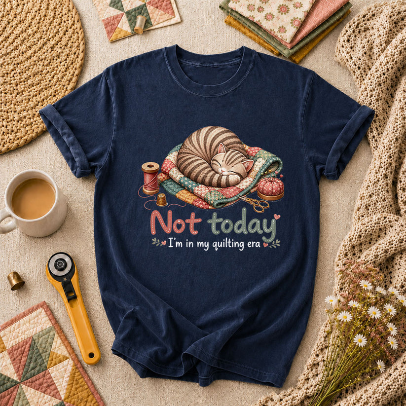 Not Today Im In My Quilting Era Sleeping Cat T-Shirt - Navy