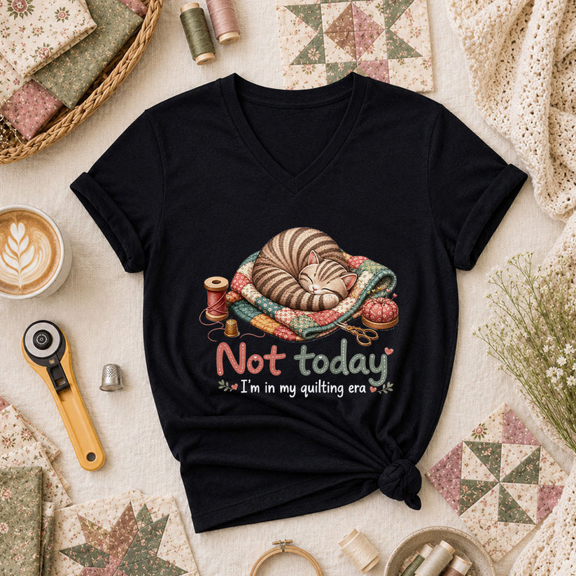 Not Today Im In My Quilting Era Sleeping Cat Women's V-Neck - Black