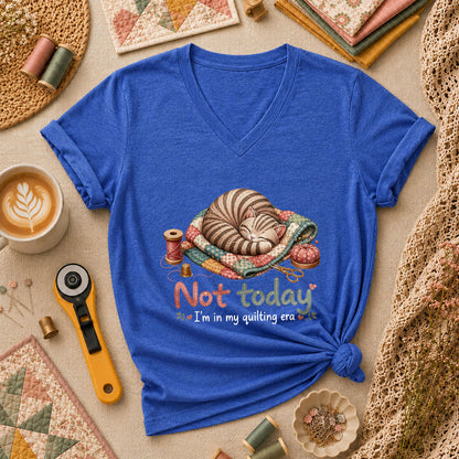 Not Today Im In My Quilting Era Sleeping Cat Women's V-Neck - Heather True Royal