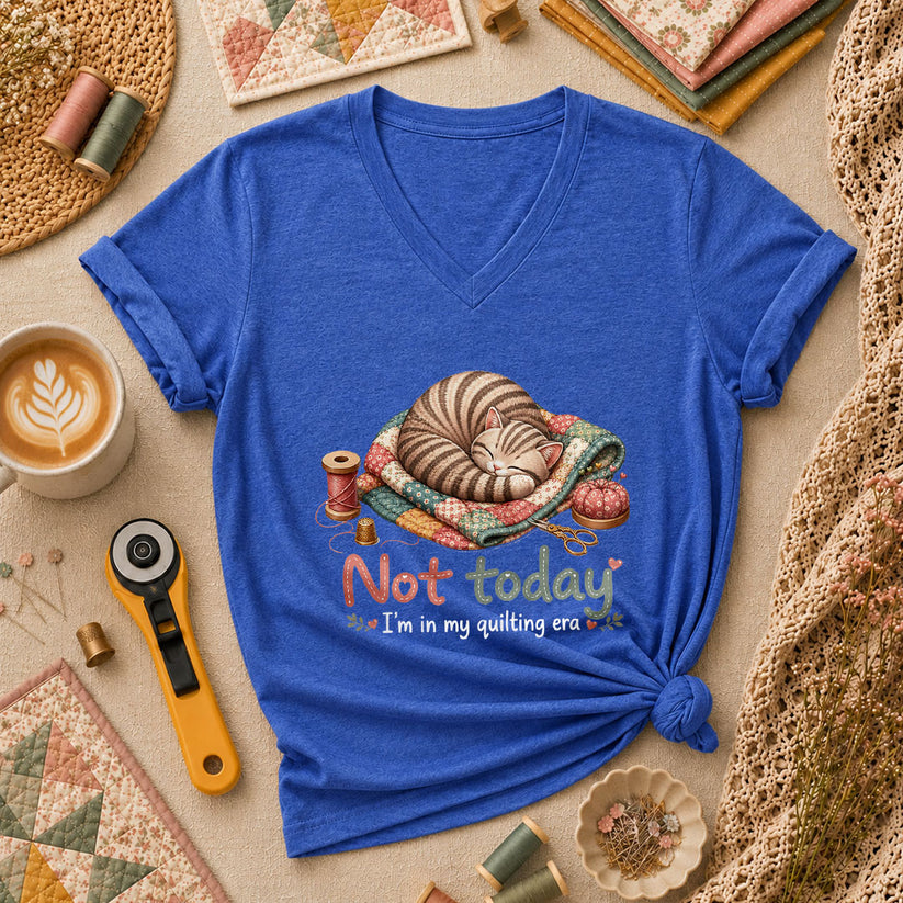 Not Today Im In My Quilting Era Sleeping Cat Women's V-Neck - Heather True Royal