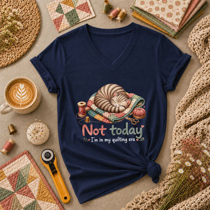 Not Today Im In My Quilting Era Sleeping Cat Women's V-Neck - Navy