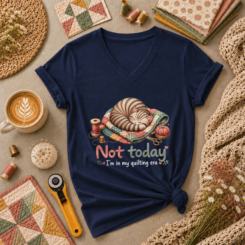Not Today Im In My Quilting Era Sleeping Cat Women's V-Neck - Navy