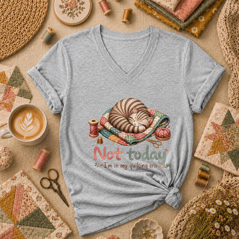 Not Today Im In My Quilting Era Sleeping Cat Women's V-Neck - Sport Grey
