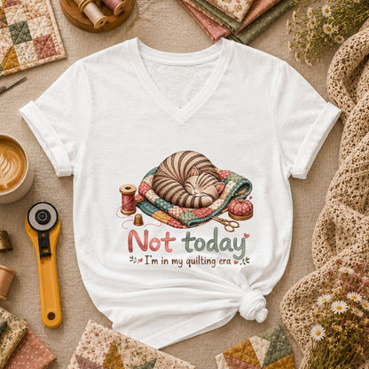 Not Today Im In My Quilting Era Sleeping Cat Women's V-Neck - White