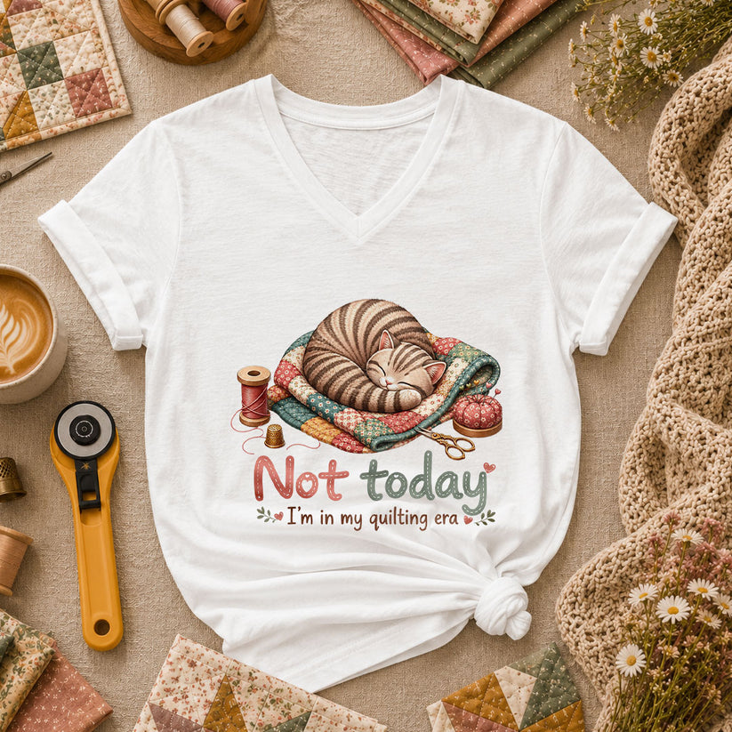 Not Today Im In My Quilting Era Sleeping Cat Women's V-Neck - White