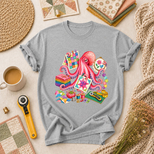 Octopus Quilter Pink Sewing Supplies T-Shirt - Athletic Heather