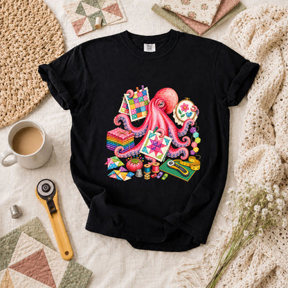 Octopus Quilter Pink Sewing Supplies T-Shirt - Black