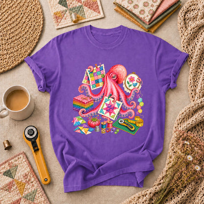 Octopus Quilter Pink Sewing Supplies T-Shirt - Heather Team Purple