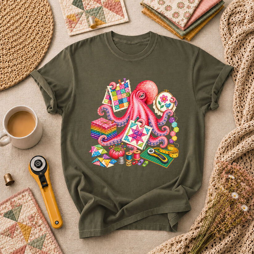 Octopus Quilter Pink Sewing Supplies T-Shirt - Military Green