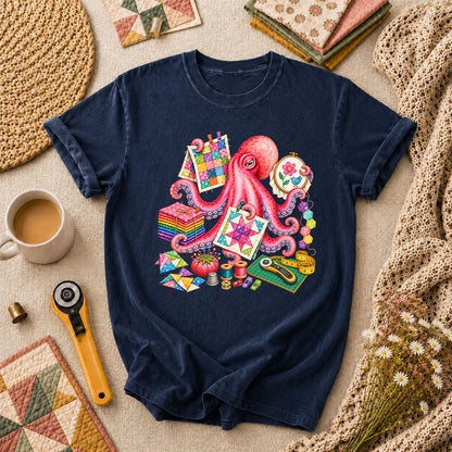 Octopus Quilter Pink Sewing Supplies T-Shirt - Navy