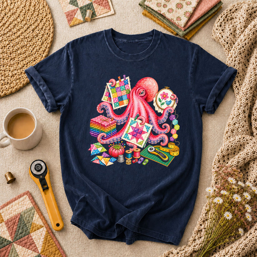 Octopus Quilter Pink Sewing Supplies T-Shirt - Navy