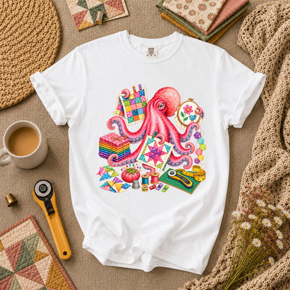 Octopus Quilter Pink Sewing Supplies T-Shirt - White