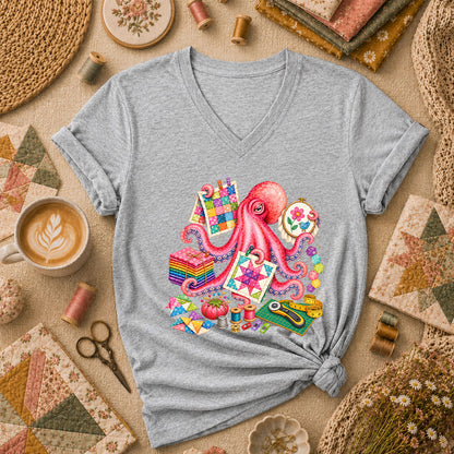 Octopus Quilter Pink Sewing Supplies Women's V-Neck - Athletic Heather