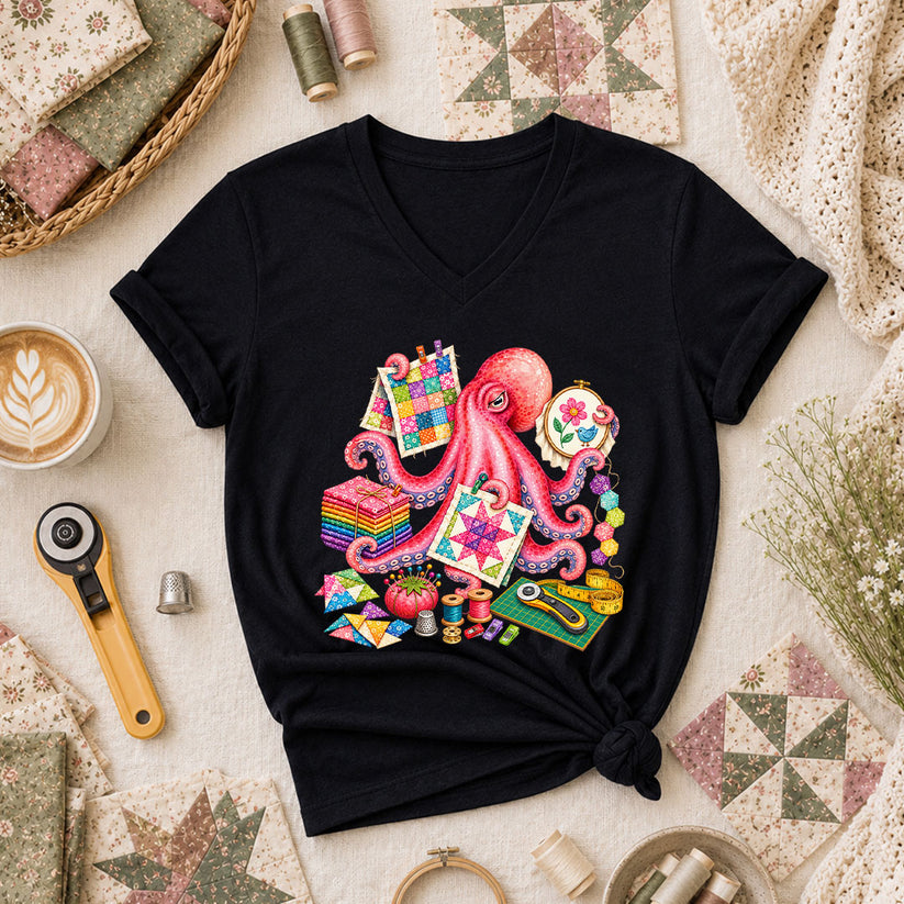 Octopus Quilter Pink Sewing Supplies Women's V-Neck - Black