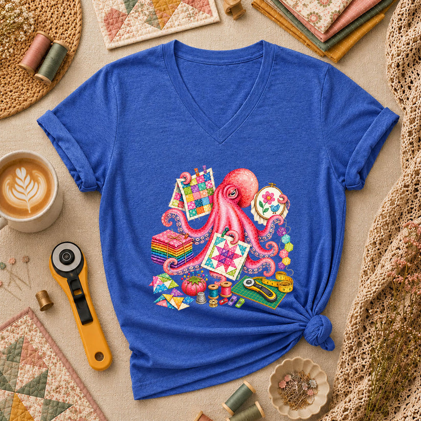 Octopus Quilter Pink Sewing Supplies Women's V-Neck - Heather True Royal
