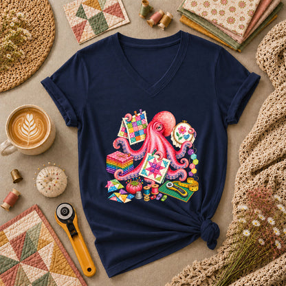 Octopus Quilter Pink Sewing Supplies Women's V-Neck - Navy