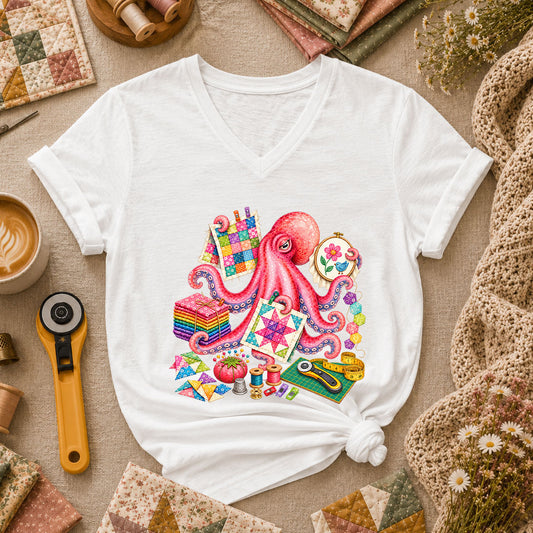 Octopus Quilter Pink Sewing Supplies Women's V-Neck - White