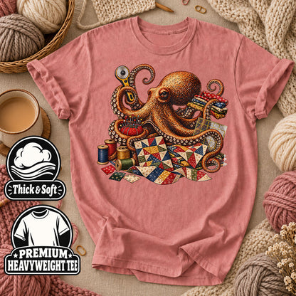 Octopus Quilter With Sewing Notions T-Shirt - Heather Mauve