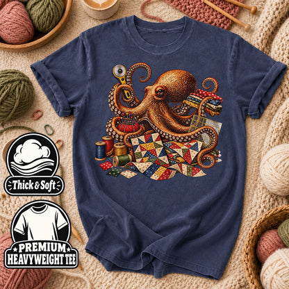 Octopus Quilter With Sewing Notions T-Shirt - Heather Navy