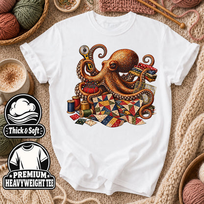 Octopus Quilter With Sewing Notions T-Shirt - White