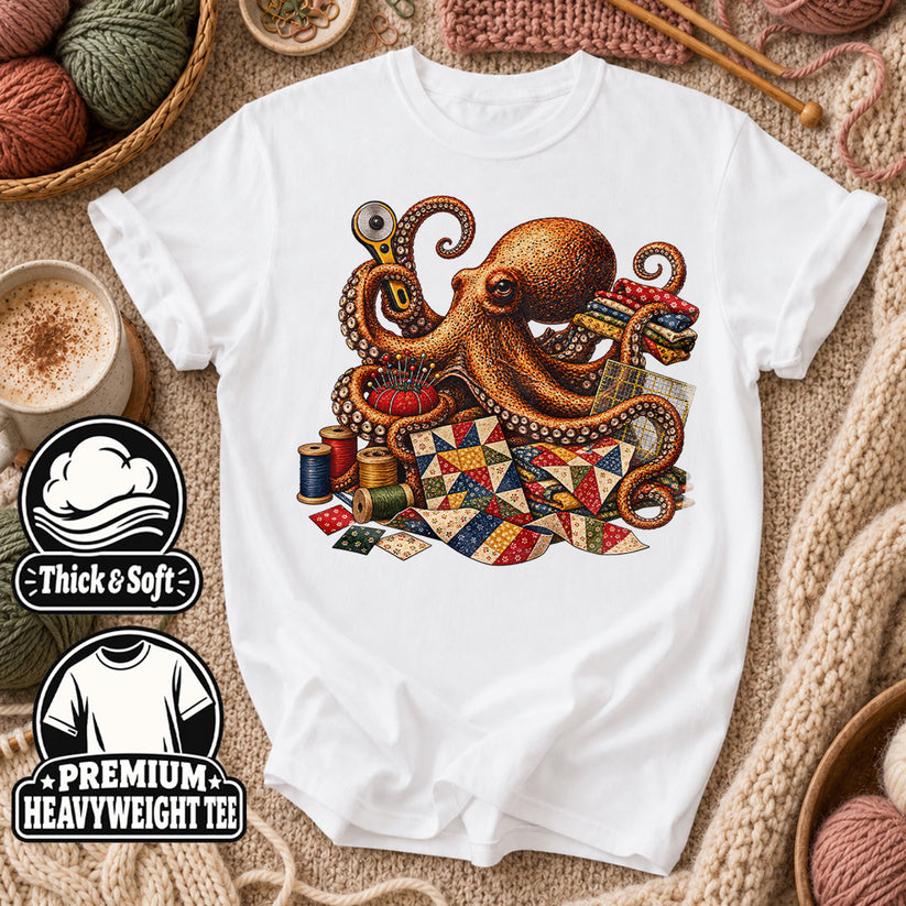 Octopus Quilter With Sewing Notions T-Shirt - White