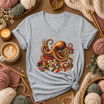 Octopus Quilter With Sewing Notions Women's V-Neck - Athletic Heather