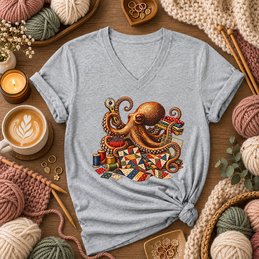 Octopus Quilter With Sewing Notions Women's V-Neck - Athletic Heather