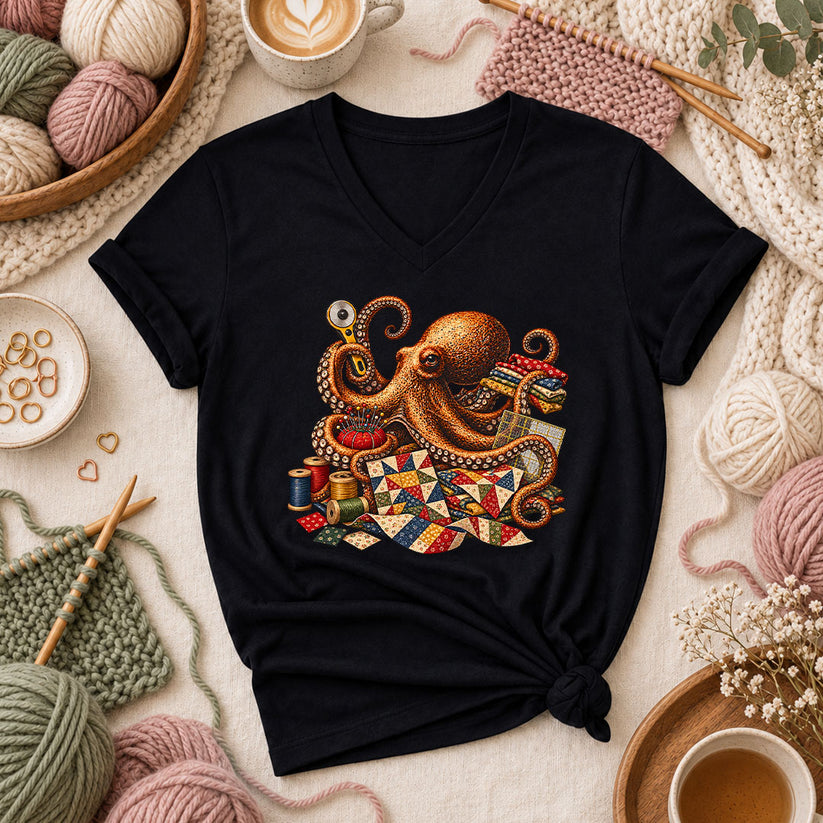 Octopus Quilter With Sewing Notions Women's V-Neck - Black
