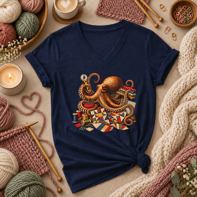 Octopus Quilter With Sewing Notions Women's V-Neck - Navy