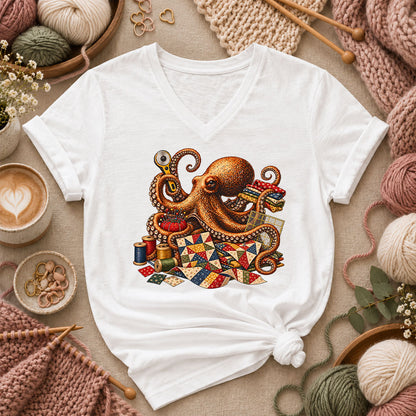 Octopus Quilter With Sewing Notions Women's V-Neck - White
